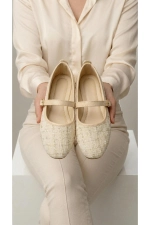 Women Beige Tweed Fabric Mary Jane Flats Fashion Buckle Comfortable Shoes Photograph-7